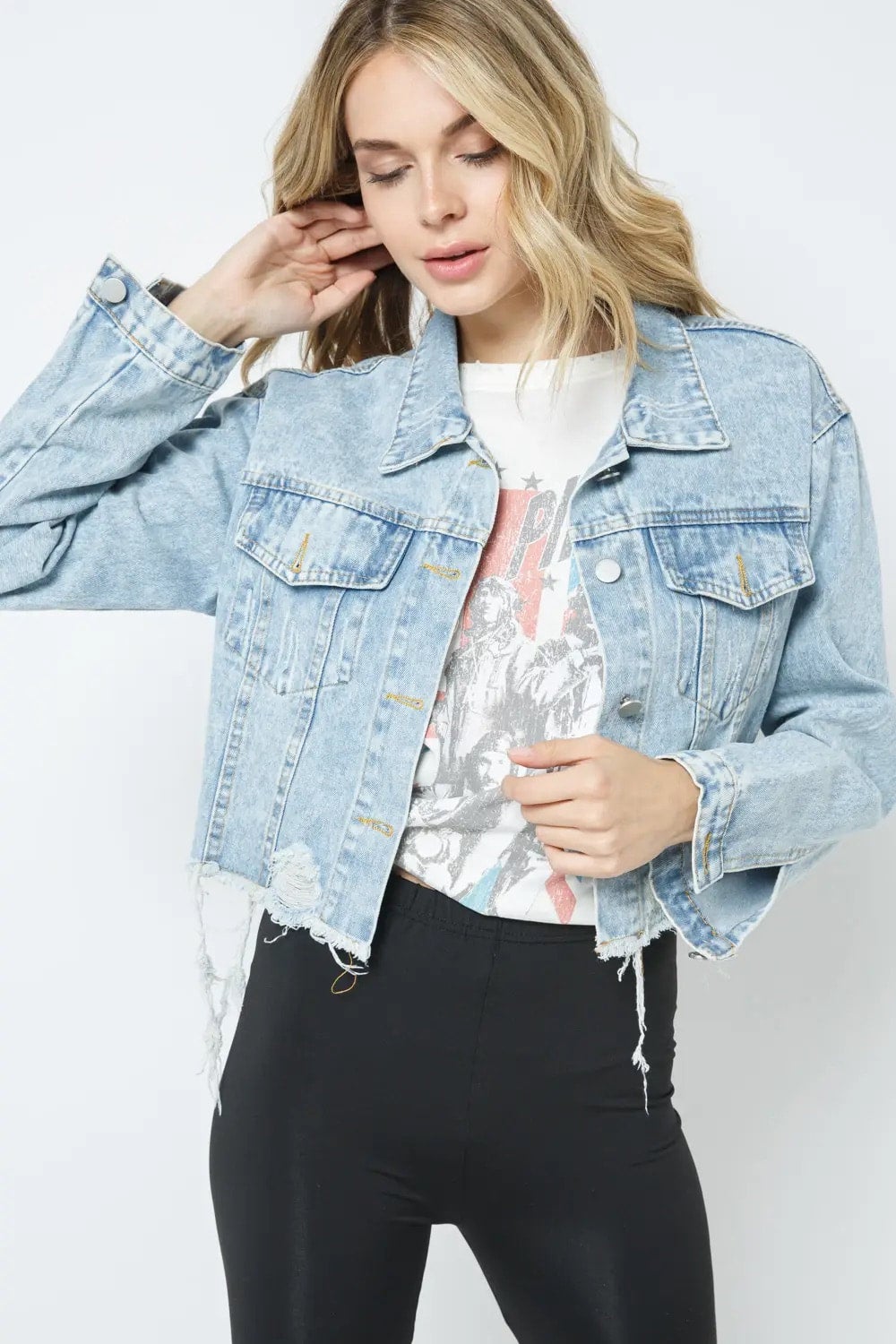 Destroyed Cropped Denim Jacket Ash Crown